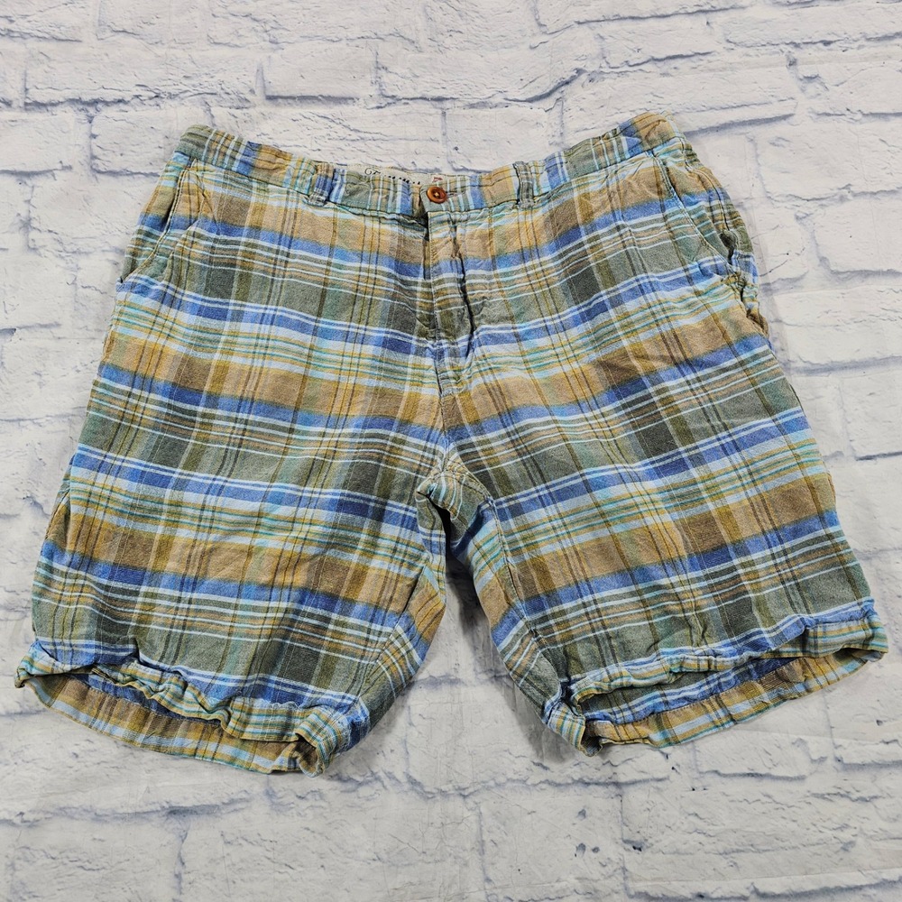 Tommy Bahama Plaid Shorts Mens 36 Blue Yellow Green Linen Blend Flat Front